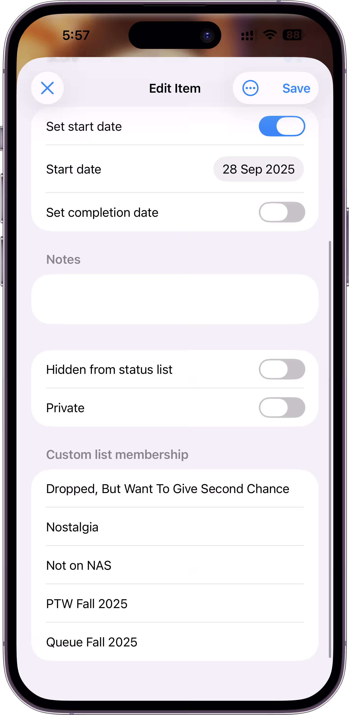 Edit list entry with dates, notes, and custom lists