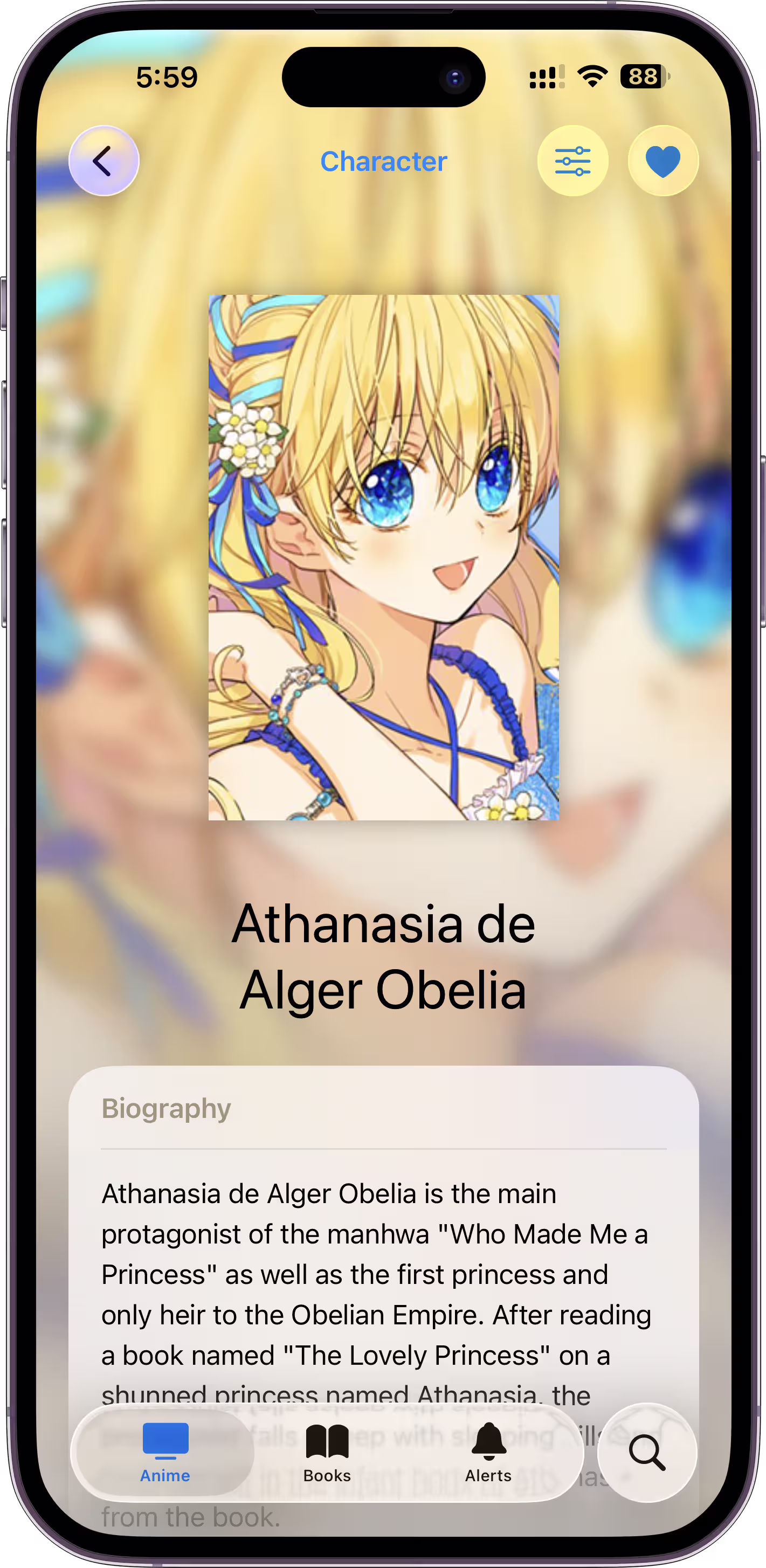 Character details and biography screen