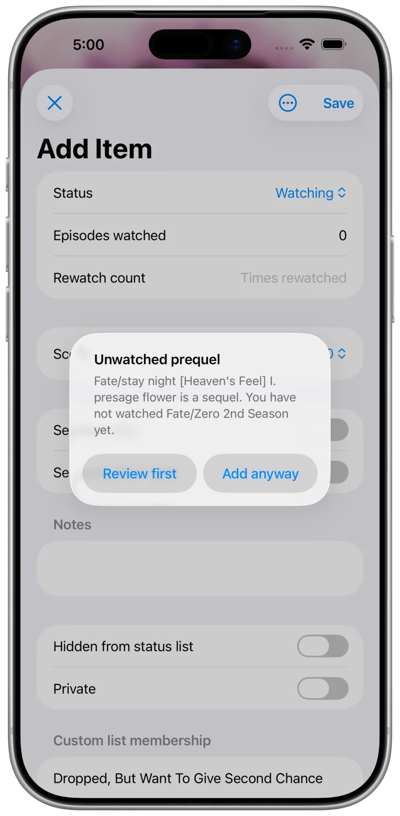 Warning shown before adding a sequel when earlier entries are missing from your list